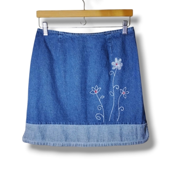 Vintage Y2K Route 66 Denim Mini Skirt 9/10 Preppy Floral Retro - Picture 1 of 8